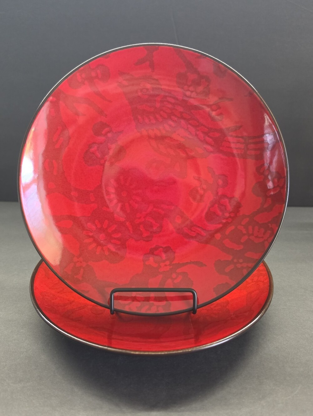 2 Pier 1 China 8 5/8" Red Sparrow Salad Plates Discontinued Asian Tropical Style